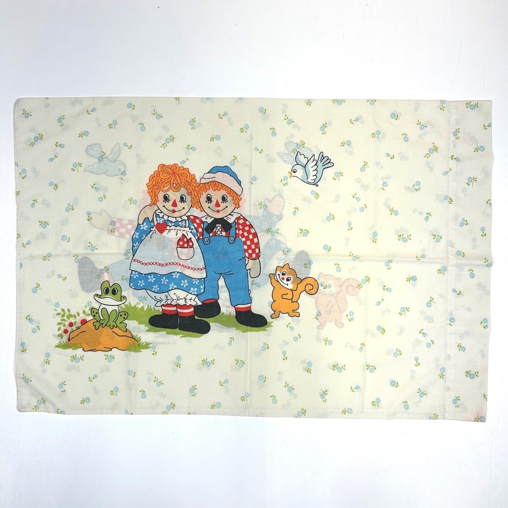 Vintage Raggedy Ann and Andy Pillowcase Blue Floral Bobbs-Merrill Kids Bedding
